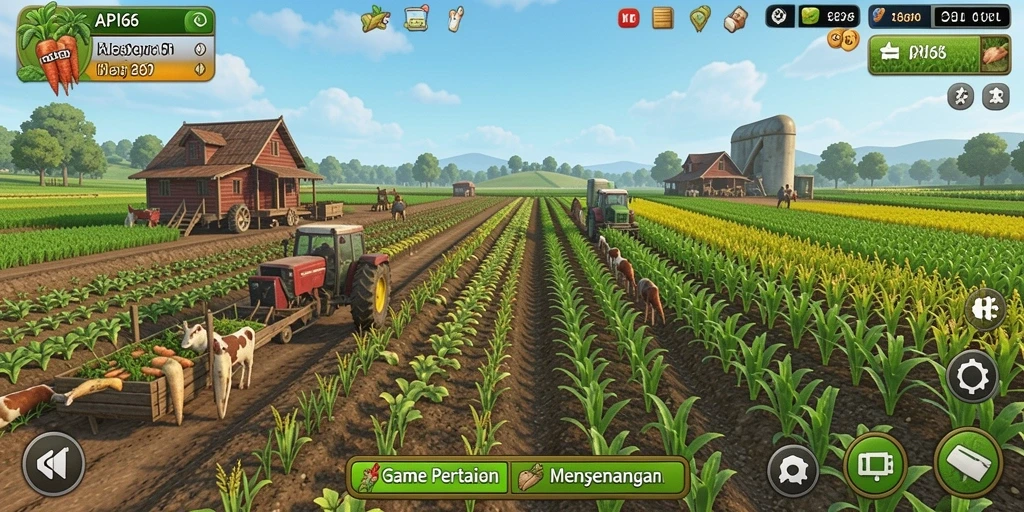 Screenshot menunjukkan gameplay seru dari API66 dengan pertanian yang hijau.