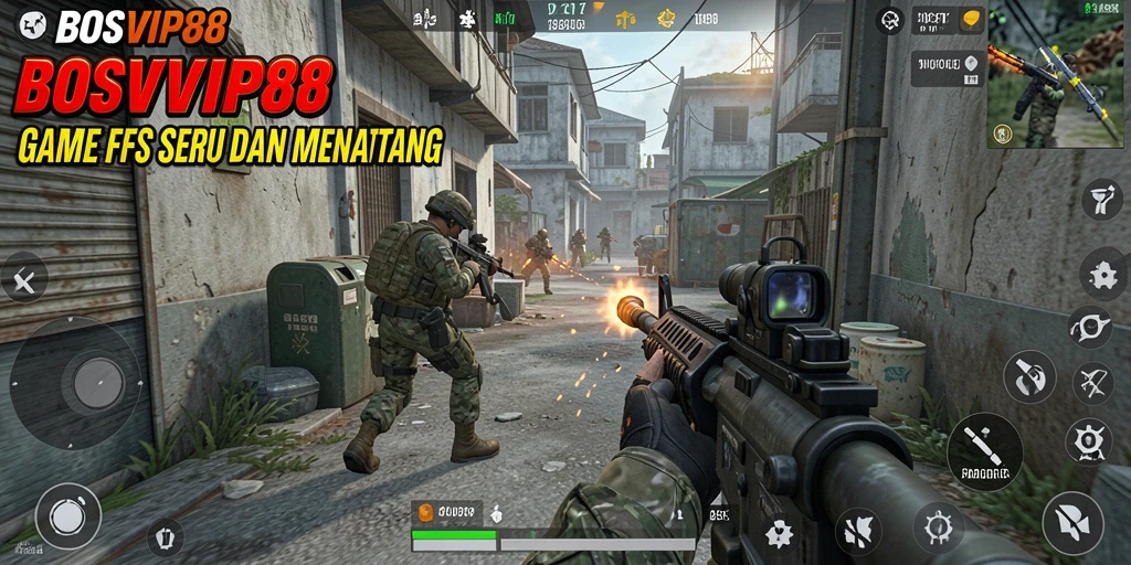Screenshot gameplay <strong>BOSVIP88</strong> menampilkan pertempuran mendebarkan di arena FPS.