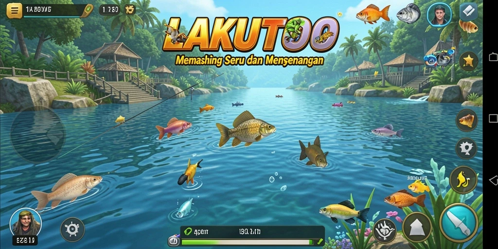 Screenshot dari gameplay <strong>LAKUTOTO</strong> menampilkan aksi pemancingan yang seru di laut.