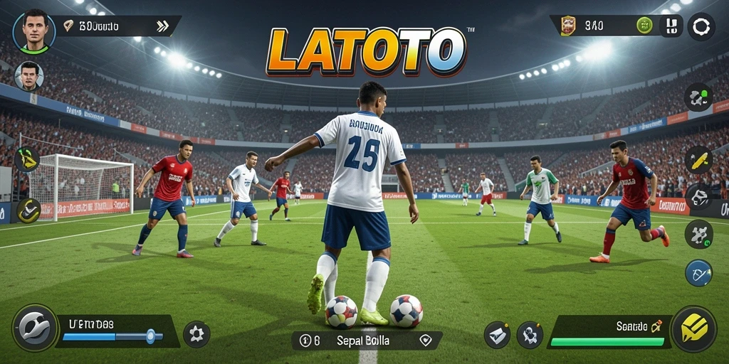 Screenshot gameplay LATOTO menunjukkan aksi seru di lapangan sepak bola.
